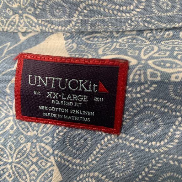 Untuckit Men Shirt XXL Blue Hawaiian Linen Blend Pineapple Short Sleeve Button - Picture 6 of 8